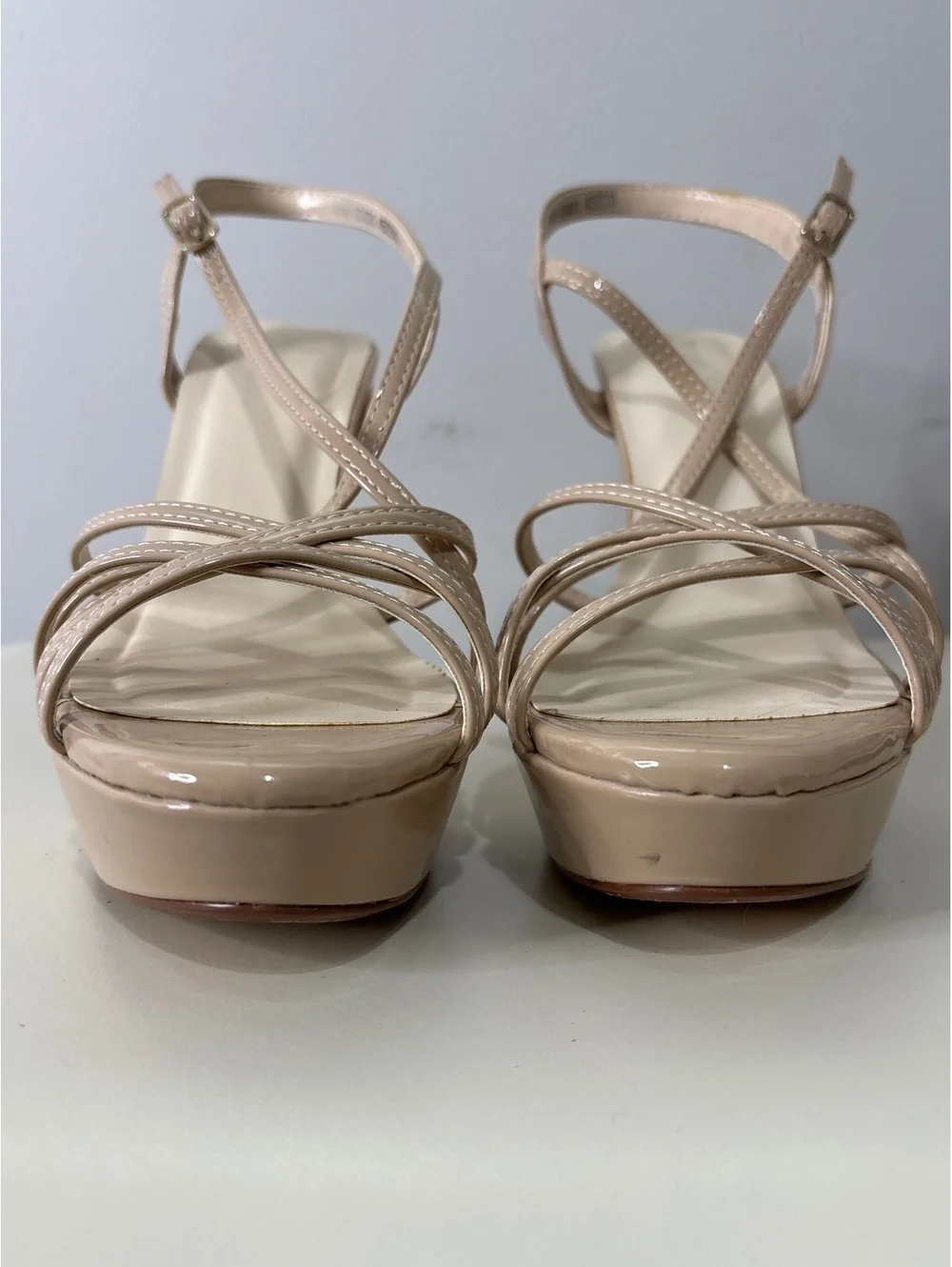 Beige Patent Leather High Heel Platform Sandals with Strappy Design
